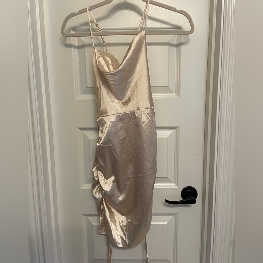 cream satin dress with adjustable straps